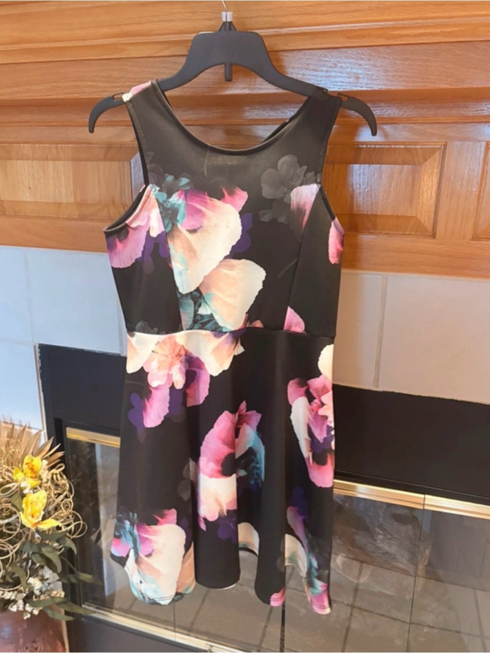 Soprano Black Floral Fit-and-Flare Dress with Pink Purple Cream Accents